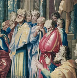 Wandteppich, der die Taten der Apostel darstellt, Paulus predigt dem Areopag (Detail)